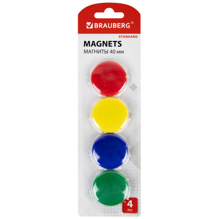 Магниты для доски цветные 40 мм, BRAUBERG "STANDARD", НАБОР 4 шт., ассорти, 237470