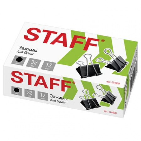 Зажимы для бумаг STAFF "EVERYDAY", КОМПЛЕКТ 12 шт., 32 мм, на 140 листов, черные, картонная коробка
