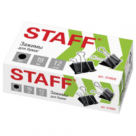 Зажимы для бумаг STAFF "EVERYDAY", КОМПЛЕКТ 12 шт., 19 мм, на 60 листов, черные, картонная коробка 